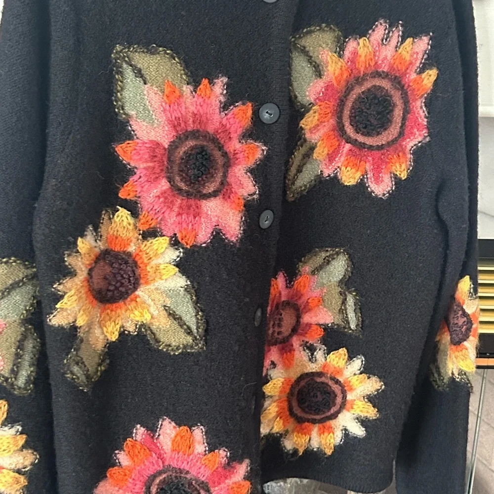 Susan Bristol Sunflower Cardigan Sweater Sz S BOHO Multicolor Embroidered Wool